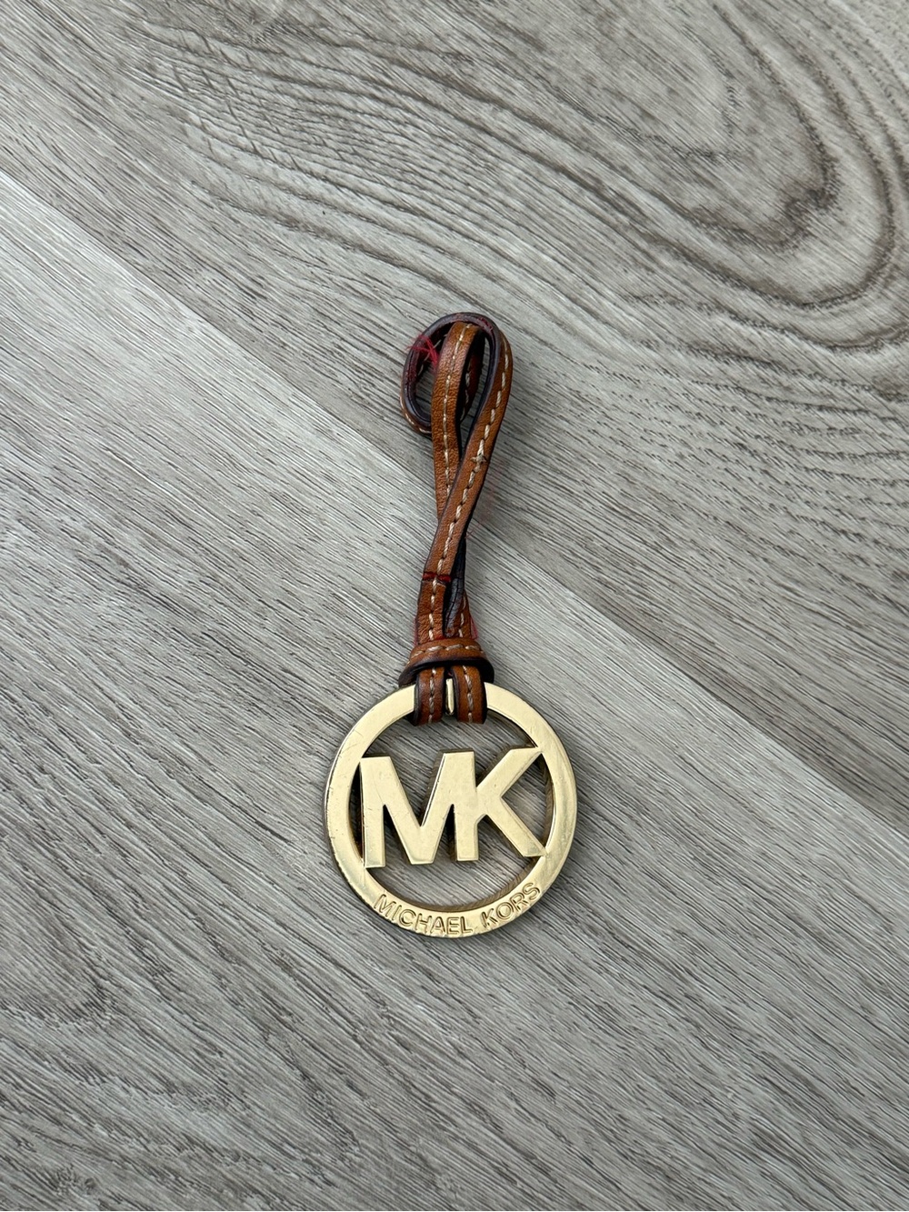 Michael Kors Gold MK Logo Keychain with Brown Leather Loop